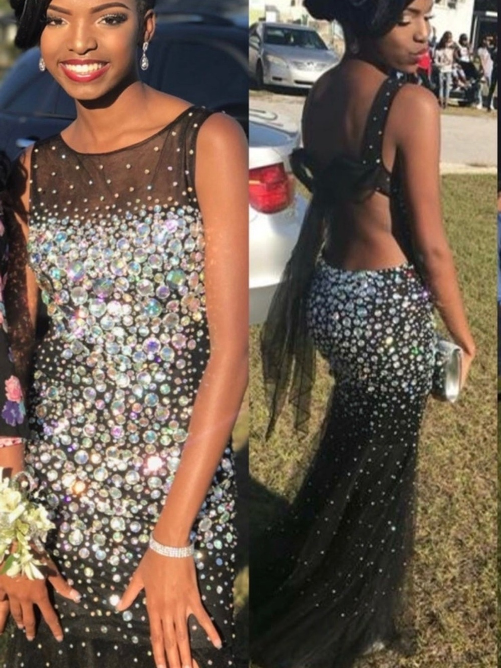Black Crystal-Embellished Open-Back Prom Dress